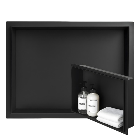 PÓŁKA ŁAZIENKOWA WNĘKOWA UNO BEZ KOŁNIERZA CZARNA 45X30X10 CM