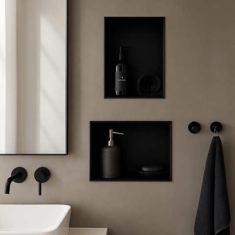 PÓŁKA ŁAZIENKOWA WNĘKOWA UNO BEZ KOŁNIERZA CZARNA 45X30X7 CM