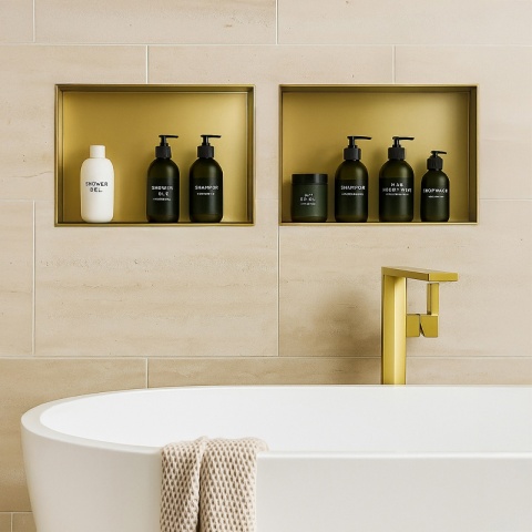 PÓŁKA ŁAZIENKOWA WNĘKOWA UNO BEZ KOŁNIERZA ZŁOTA 45X30X10 CM