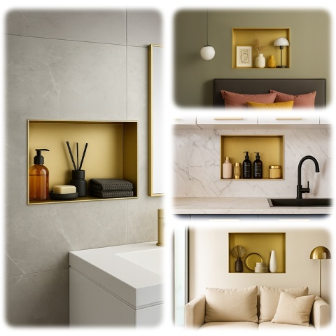 PÓŁKA ŁAZIENKOWA WNĘKOWA UNO BEZ KOŁNIERZA ZŁOTA 45X30X10 CM