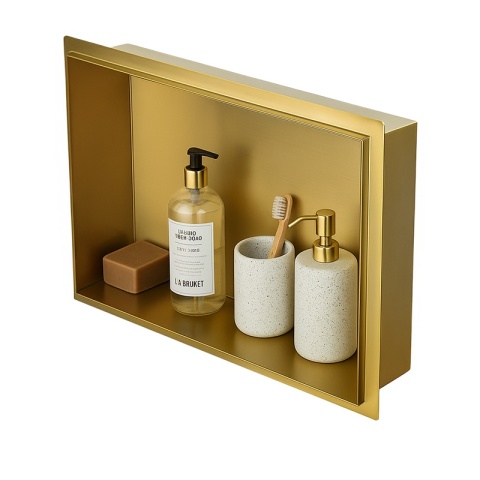 PÓŁKA ŁAZIENKOWA WNĘKOWA UNO BEZ KOŁNIERZA ZŁOTA 45X30X7 CM