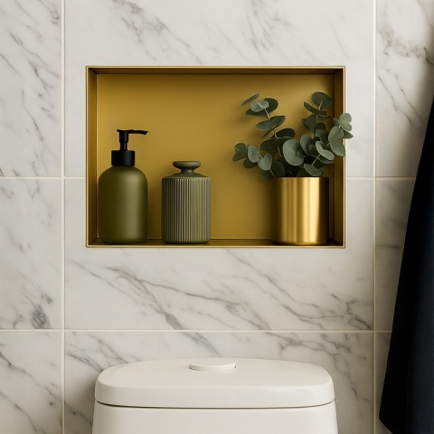 PÓŁKA ŁAZIENKOWA WNĘKOWA UNO BEZ KOŁNIERZA ZŁOTA 45X30X7 CM