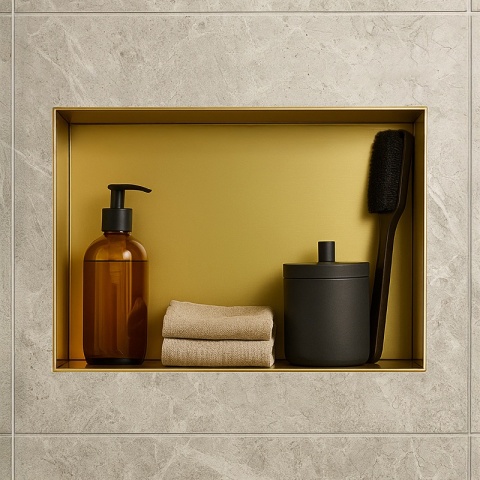 PÓŁKA ŁAZIENKOWA WNĘKOWA UNO BEZ KOŁNIERZA ZŁOTA 45X30X7 CM