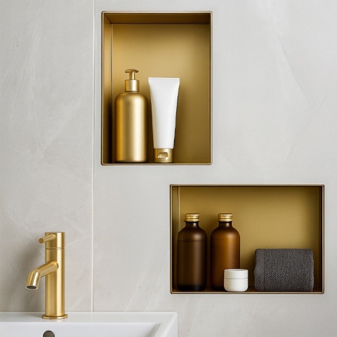 PÓŁKA ŁAZIENKOWA WNĘKOWA UNO BEZ KOŁNIERZA ZŁOTA 45X30X7 CM