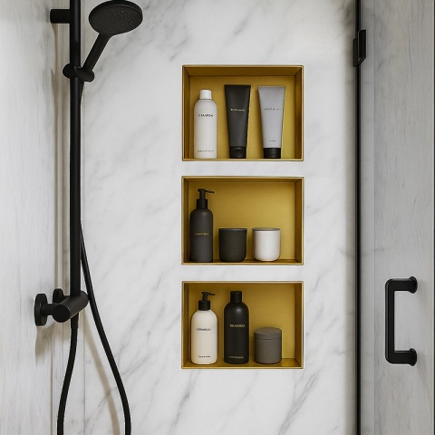 PÓŁKA ŁAZIENKOWA WNĘKOWA UNO BEZ KOŁNIERZA ZŁOTA 45X30X7 CM