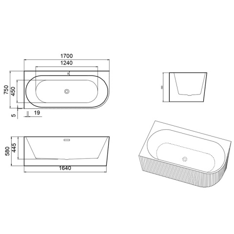 WANNA WOLNOSTOJĄCA PRZYŚCIENNA RYFLOWANA RIO 504D LEWA BIAŁA PRZELEW SZCZOTKOWANA STAL 170x75 CM
