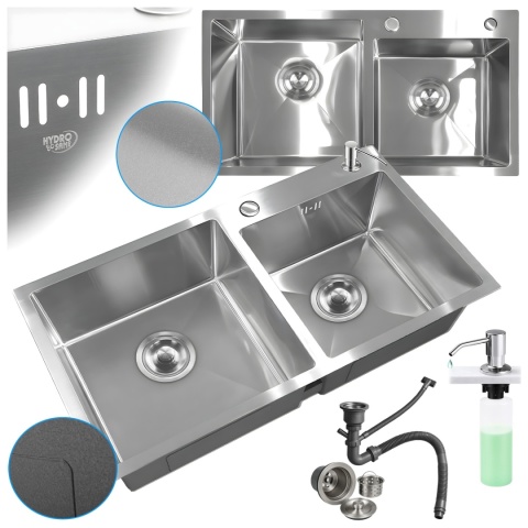 ZLEW KUCHENNY ZLEWOZMYWAK DWUKOMOROWY STALOWY INOX VISTA-CH-75X45 DOZOWNIK SYFON UCHWYTY