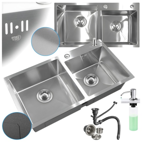 ZLEW KUCHENNY ZLEWOZMYWAK DWUKOMOROWY STALOWY INOX VISTA-CH-78X43 DOZOWNIK SYFON UCHWYTY