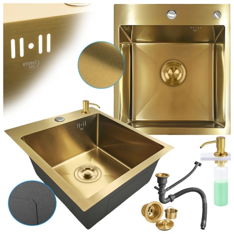 ZLEW KUCHENNY ZLEWOZMYWAK JEDNOKOMOROWY STALOWY ZŁOTY ALOR-GL-40X45 DOZOWNIK SYFON UCHWYTY