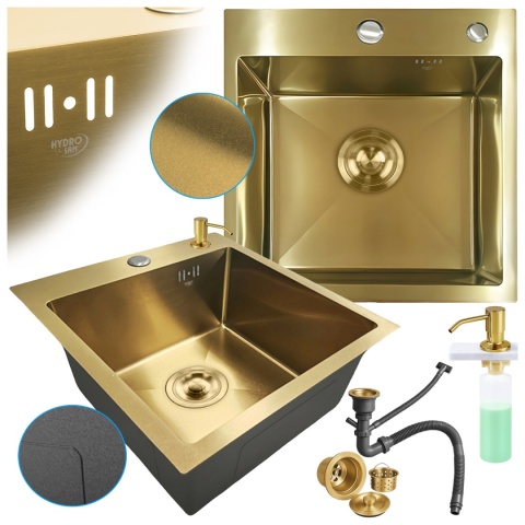 ZLEW KUCHENNY ZLEWOZMYWAK JEDNOKOMOROWY STALOWY ZŁOTY ALOR-GL-50X50 DOZOWNIK SYFON UCHWYTY