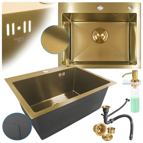 ZLEW KUCHENNY ZLEWOZMYWAK JEDNOKOMOROWY STALOWY ZŁOTY ALOR-GL-55X45 DOZOWNIK SYFON UCHWYTY