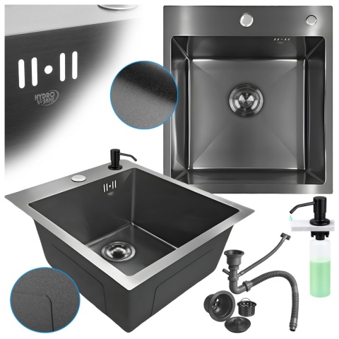 ZLEW KUCHENNY ZLEWOZMYWAK JEDNOKOMOROWY STALOWY GRAFITOWY ALOR-BL-40X45 DOZOWNIK SYFON UCHWYTY