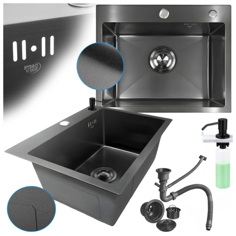 ZLEW KUCHENNY ZLEWOZMYWAK JEDNOKOMOROWY STALOWY GRAFITOWY ALOR-BL-50X40 DOZOWNIK SYFON UCHWYTY