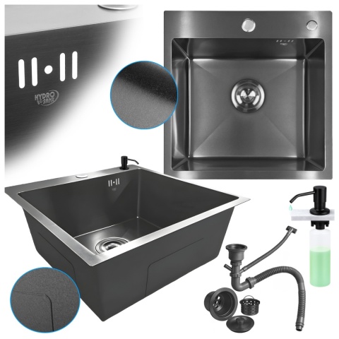 ZLEW KUCHENNY ZLEWOZMYWAK JEDNOKOMOROWY STALOWY GRAFITOWY ALOR-BL-50X50 DOZOWNIK SYFON UCHWYTY