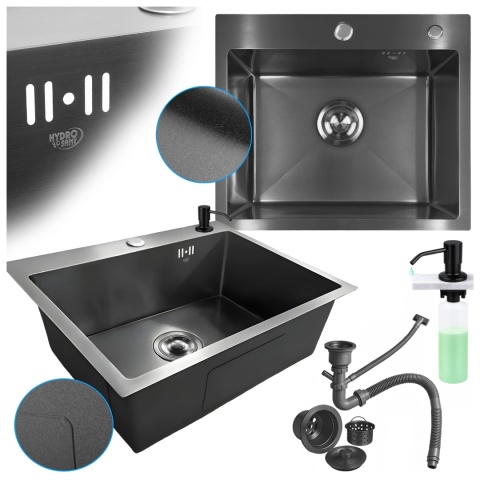 ZLEW KUCHENNY ZLEWOZMYWAK JEDNOKOMOROWY STALOWY GRAFITOWY ALOR-BL-55X45 DOZOWNIK SYFON UCHWYTY