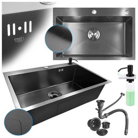 ZLEW KUCHENNY ZLEWOZMYWAK JEDNOKOMOROWY STALOWY GRAFITOWY ALOR-BL-68X45 DOZOWNIK SYFON UCHWYTY