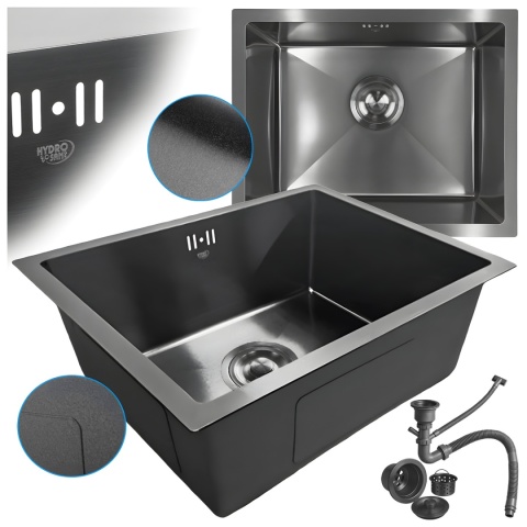 ZLEW KUCHENNY ZLEWOZMYWAK JEDNOKOMOROWY STALOWY GRAFITOWY RODOS-BL-50X40 SYFON UCHWYTY