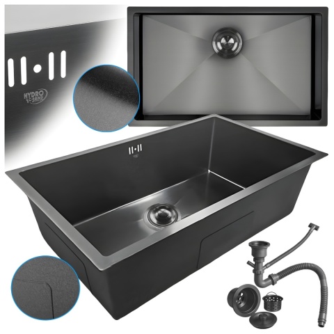 ZLEW KUCHENNY ZLEWOZMYWAK JEDNOKOMOROWY STALOWY GRAFITOWY RODOS-BL-74X47 SYFON UCHWYTY