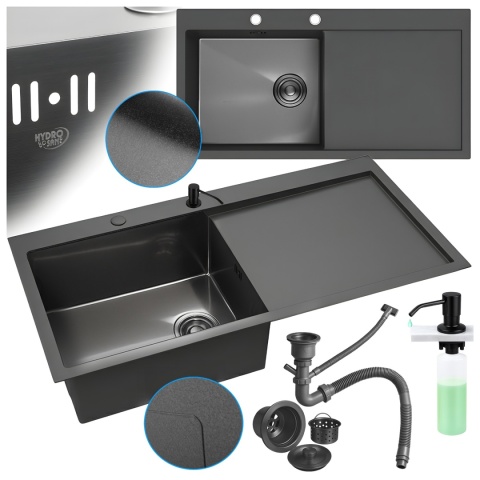 ZLEW KUCHENNY ZLEWOZMYWAK JEDNOKOMOROWY Z OCIEKACZEM STALOWY GRAFITOWY MILOS-BL-78X48 DOZOWNIK SYFON UCHWYTY