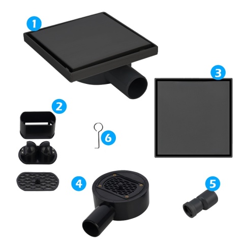 ODPŁYW LINIOWY KWADRATOWY 15x15 CM CZARNY OBROTOWY NISKI SYFON 360 DL07 FIX