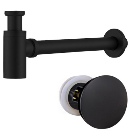 SYFON UMYWALKOWY METALOWY MIKE-BL + KOREK KLIK-KLAK Z PRZELEWEM CZARNY MAT ZESTAW