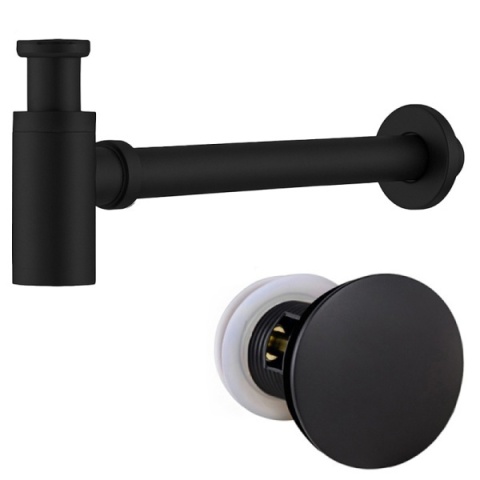 SYFON UMYWALKOWY METALOWY MIKE-BL + KOREK KLIK-KLAK Z PRZELEWEM CZARNY MAT ZESTAW