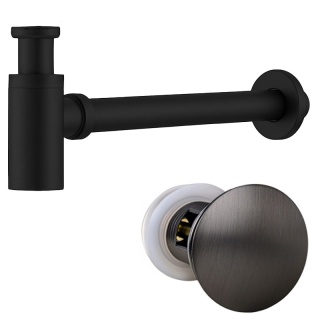 SYFON UMYWALKOWY METALOWY MIKE-BL + KOREK KLIK-KLAK Z PRZELEWEM SZCZOTKOWANA STAL ZESTAW