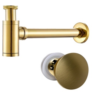 SYFON UMYWALKOWY METALOWY MIKE-GL + KOREK KLIK-KLAK Z PRZELEWEM ZŁOTY SZCZOTKOWANY ZESTAW