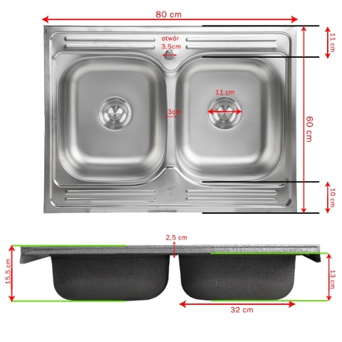 ZLEWOZMYWAK DWUKOMOROWY STALOWY 80X60 CM INOX ZLEW KUCHENNY EGON 2 GATUNEK