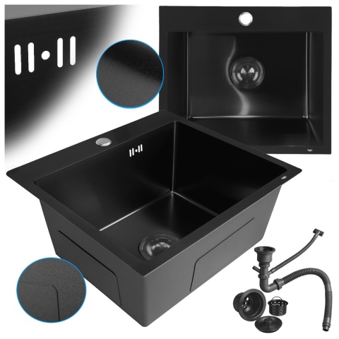 ZLEWOZMYWAK JEDOKOMOROWY STALOWY 50X45 CM CZARNY ZLEW KUCHENNY MAGNUS SYFON