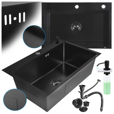 ZLEWOZMYWAK JEDOKOMOROWY STALOWY 68X45 CM CZARNY ZLEW KUCHENNY HUGO SYFON