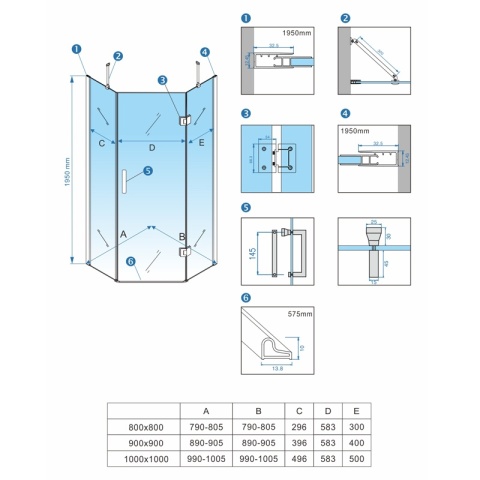 KABINA PRYSZNICOWA PIĘCIOKĄTNA KZ10B ZŁOTY SZCZOTKOWANY 90x90 CM