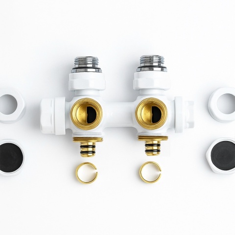 ZAWÓR TERMOSTATYCZNY GRZEJNIKOWY KĄTOWY PROSTY BIAŁY Z MASKOWNICĄ ZESTAW