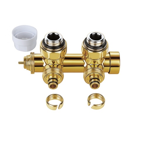 ZAWÓR TERMOSTATYCZNY GRZEJNIKOWY KĄTOWY ZŁOTY DUPLEX Z MASKOWNICĄ ZESTAW