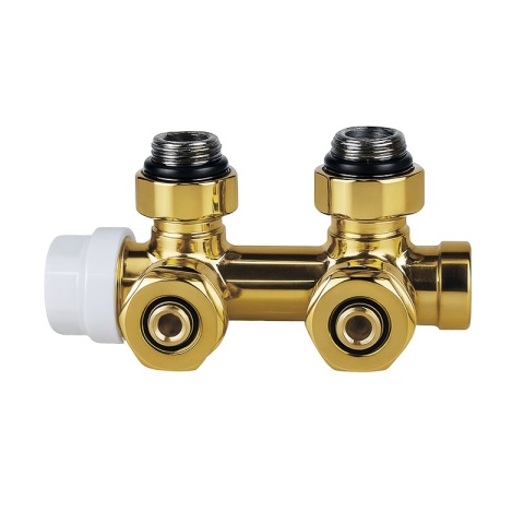 ZAWÓR TERMOSTATYCZNY GRZEJNIKOWY KĄTOWY ZŁOTY DUPLEX Z MASKOWNICĄ ZESTAW