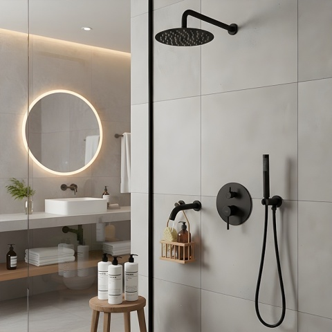 BATERIA PRYSZNICOWA PODTYNKOWA ŁAZIENKOWA Z DESZCZOWNICĄ PAULA CZARNA