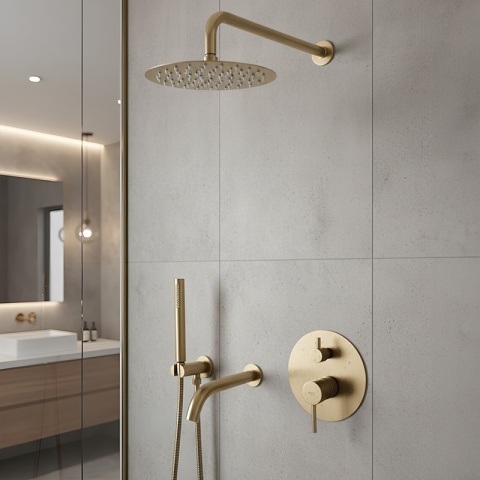 BATERIA PRYSZNICOWA PODTYNKOWA Z DESZCZOWNICĄ PAULA ZŁOTA SZCZOTKOWANA