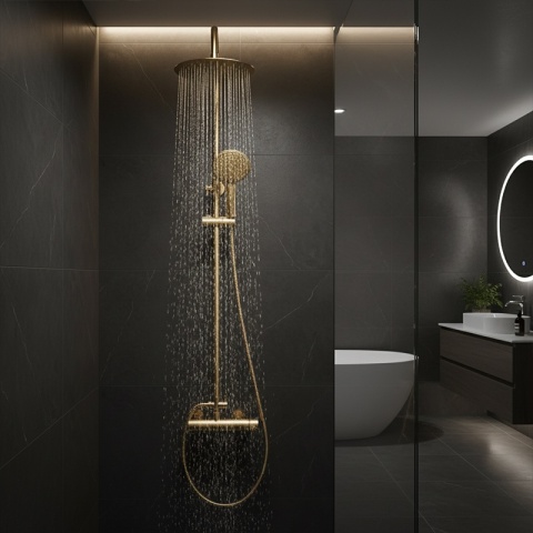 BATERIA PRYSZNICOWA ŁAZIENKOWA Z DESZCZOWNICĄ LAILA ZŁOTA SZCZOTKOWANA