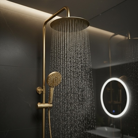 BATERIA PRYSZNICOWA ŁAZIENKOWA Z DESZCZOWNICĄ LAILA ZŁOTA SZCZOTKOWANA