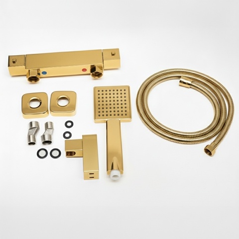 BATERIA WANNOWA ŚCIENNA PRYSZNICOWA Z TERMOSTATEM T202 ZŁOTA SZCZOTKOWANA