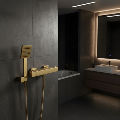 BATERIA WANNOWA ŚCIENNA PRYSZNICOWA Z TERMOSTATEM T202 ZŁOTA SZCZOTKOWANA