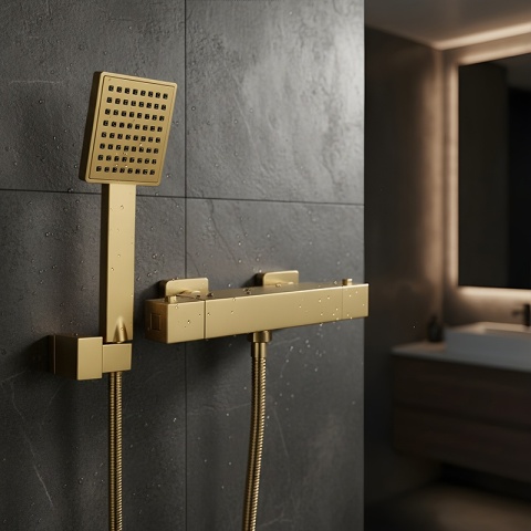 BATERIA WANNOWA ŚCIENNA PRYSZNICOWA Z TERMOSTATEM T202 ZŁOTA SZCZOTKOWANA