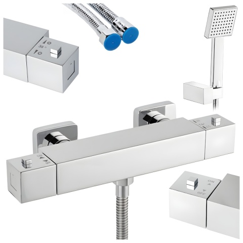 BATERIA WANNOWA ŚCIENNA PRYSZNICOWA ZESTAW Z TERMOSTATEM T202A CHROM