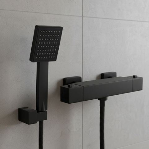 BATERIA WANNOWA ŚCIENNA PRYSZNICOWA ZESTAW Z TERMOSTATEM T202B-BL CZARNA