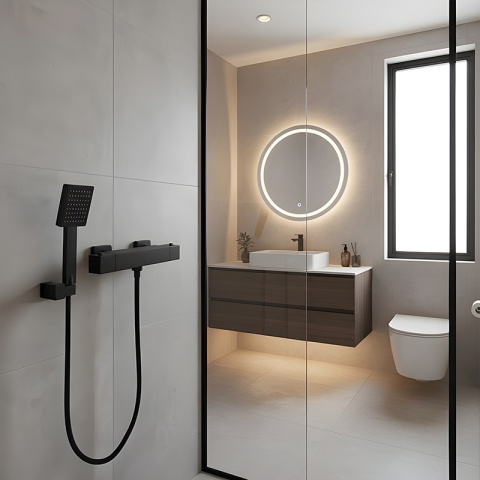 BATERIA WANNOWA ŚCIENNA PRYSZNICOWA ZESTAW Z TERMOSTATEM T202B-BL CZARNA