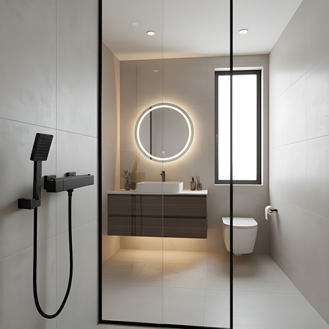 BATERIA WANNOWA ŚCIENNA PRYSZNICOWA ZESTAW Z TERMOSTATEM T202B-BL CZARNA