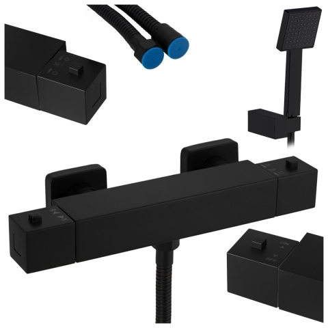 BATERIA WANNOWA ŚCIENNA PRYSZNICOWA ZESTAW Z TERMOSTATEM T202B-BL CZARNA