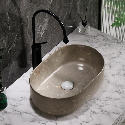 UMYWALKA NABLATOWA CERAMICZNA OWALNA NAVI-MAR8-460 BEŻOWY MARMUR 46x31 CM