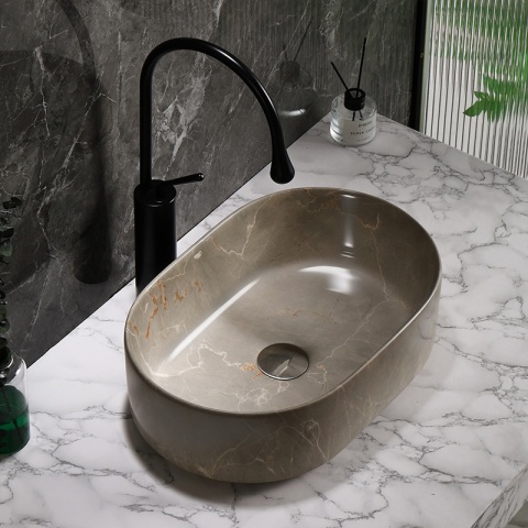 UMYWALKA NABLATOWA CERAMICZNA OWALNA NAVI-MAR8-460 BEŻOWY MARMUR 46x31 CM