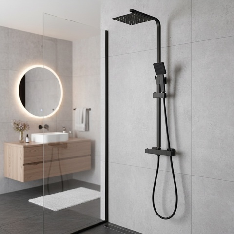 BATERIA PRYSZNICOWA ŁAZIENKOWA Z DESZCZOWNICĄ TERMOSTATEM T153B-BL CZARNA